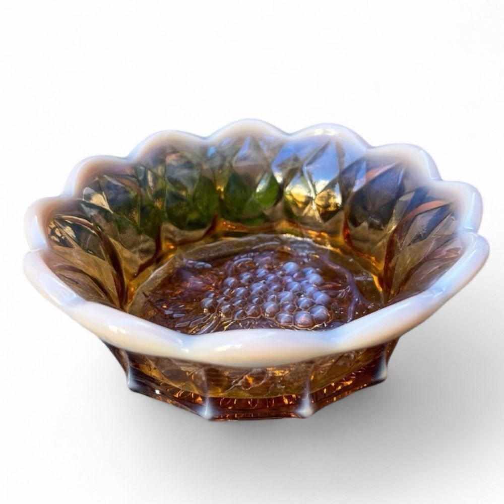 Fenton Quilted Amber Grape Pattern Amberina Opalescent Opal Glass Nut Candy Bowl